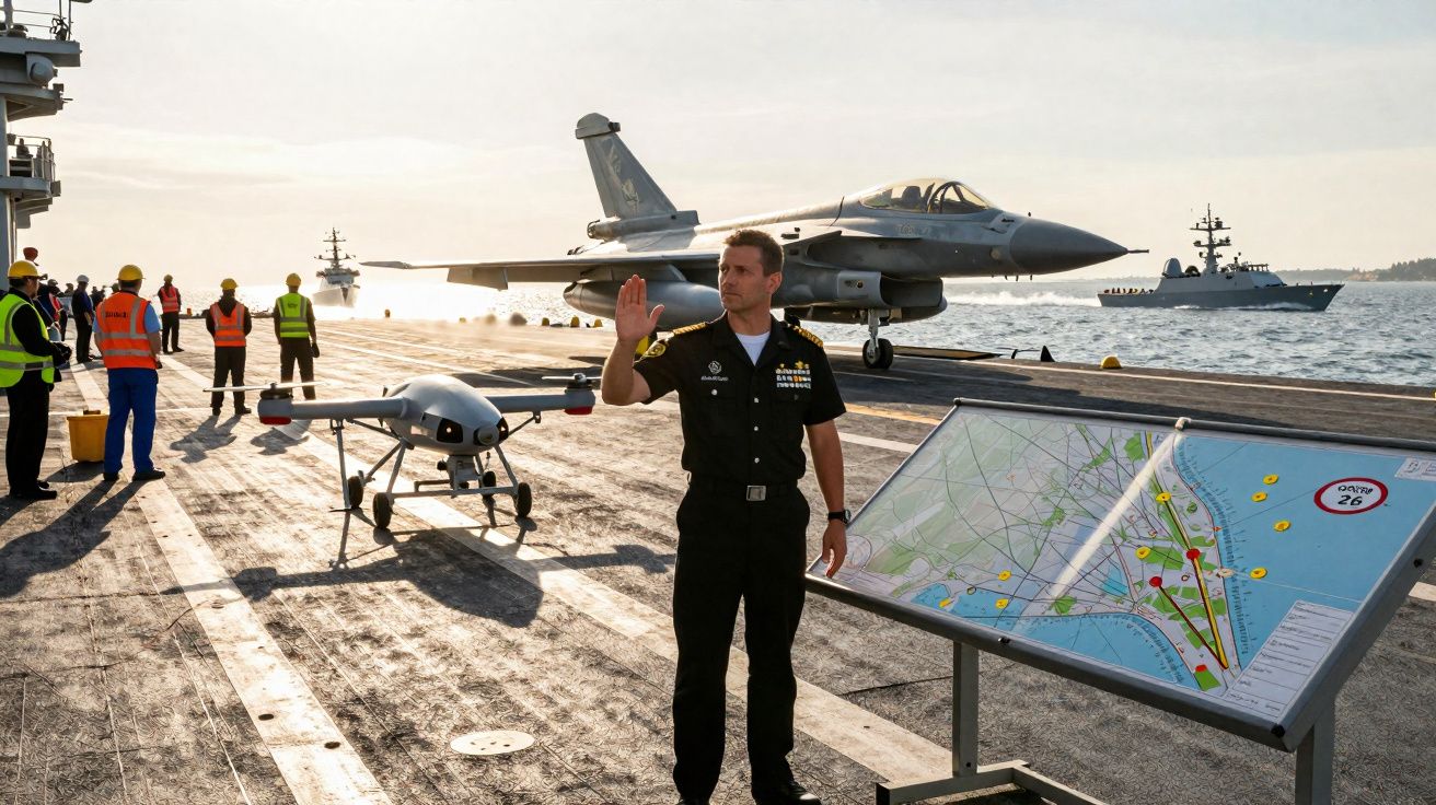 Oficial militar numa embarcação naval, com mapa, drones, jacto e navios no mar ao fundo.