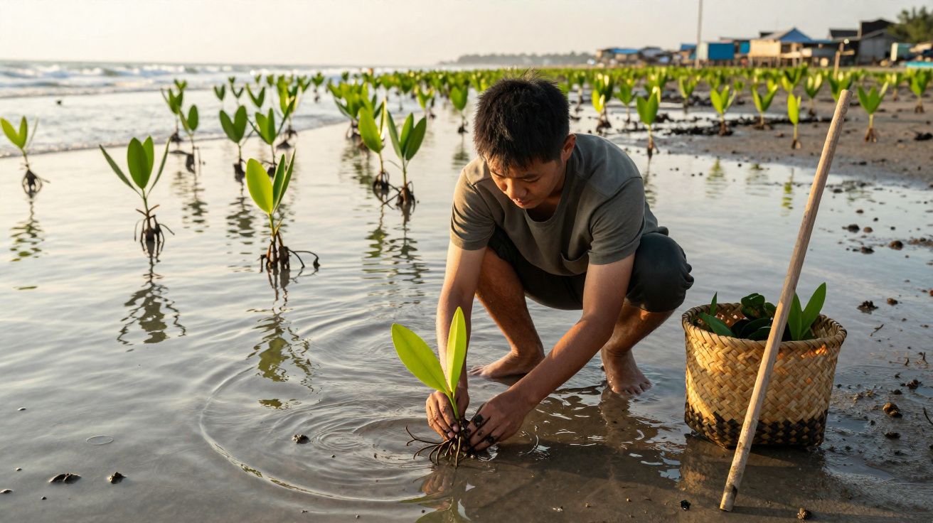 Jovem planta manguezais na maré baixa com cesto e vara ao lado numa praia tranquila ao pôr do sol.
