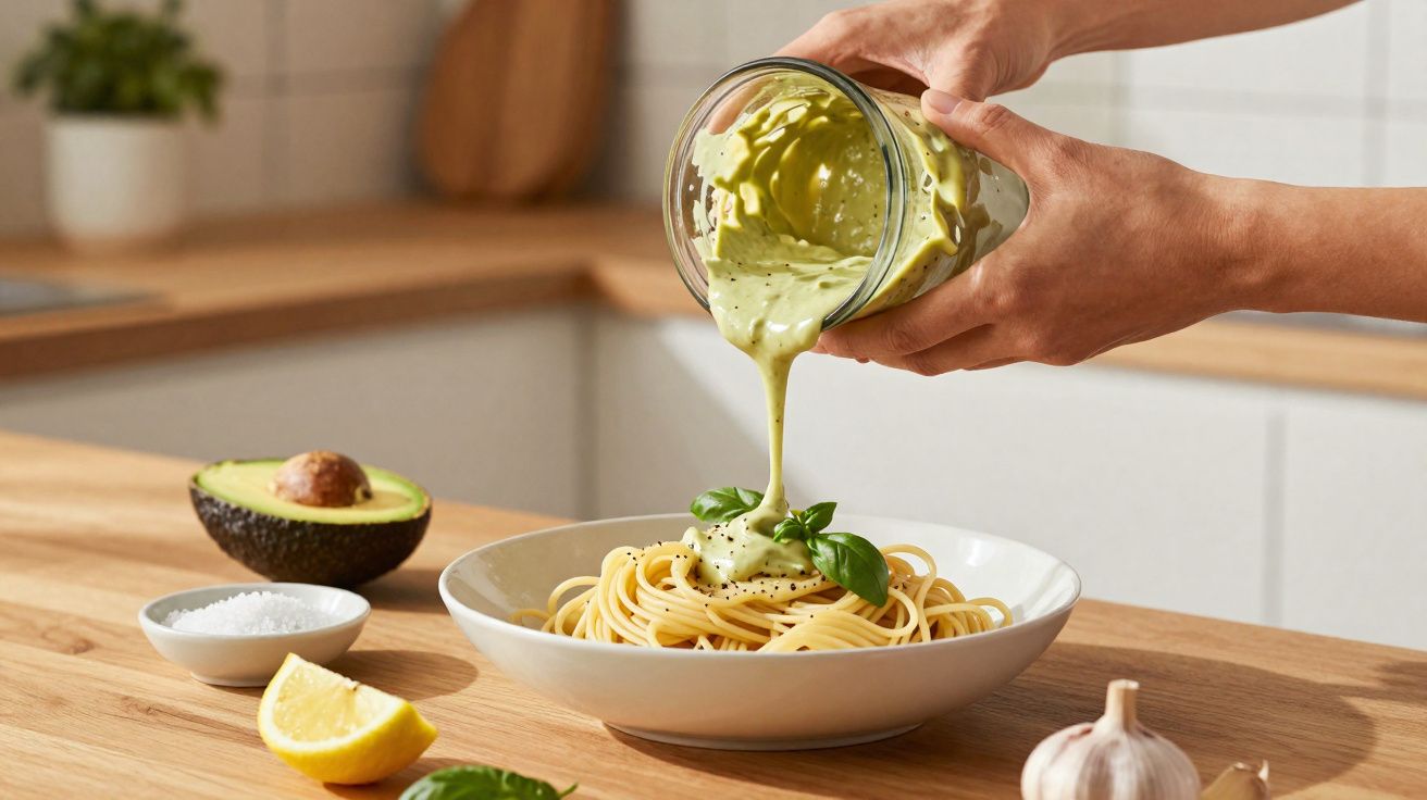 Molho verde a ser vertido sobre esparguete num prato branco, com abacate, limão e alho na bancada de madeira.