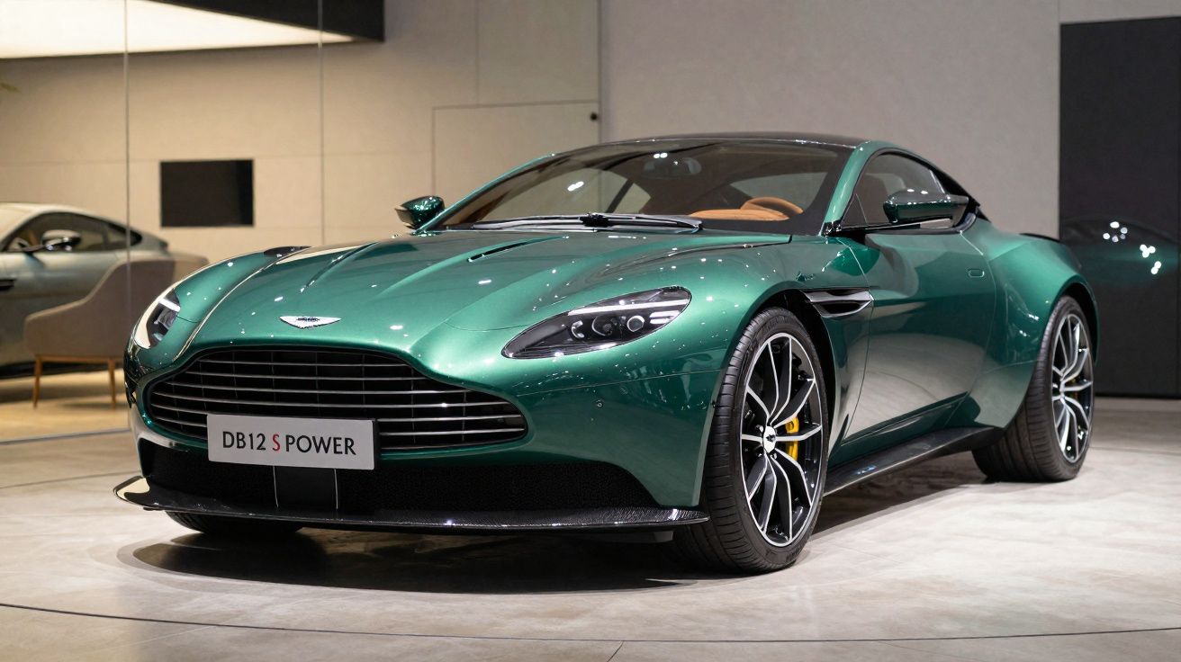 Carro desportivo Aston Martin DB12 S Power verde metálico em exibição num interior moderno.