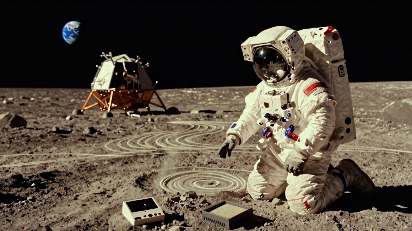 Astronauta em traje espacial ajoelhado na superfície da Lua com módulo lunar e Terra ao fundo.