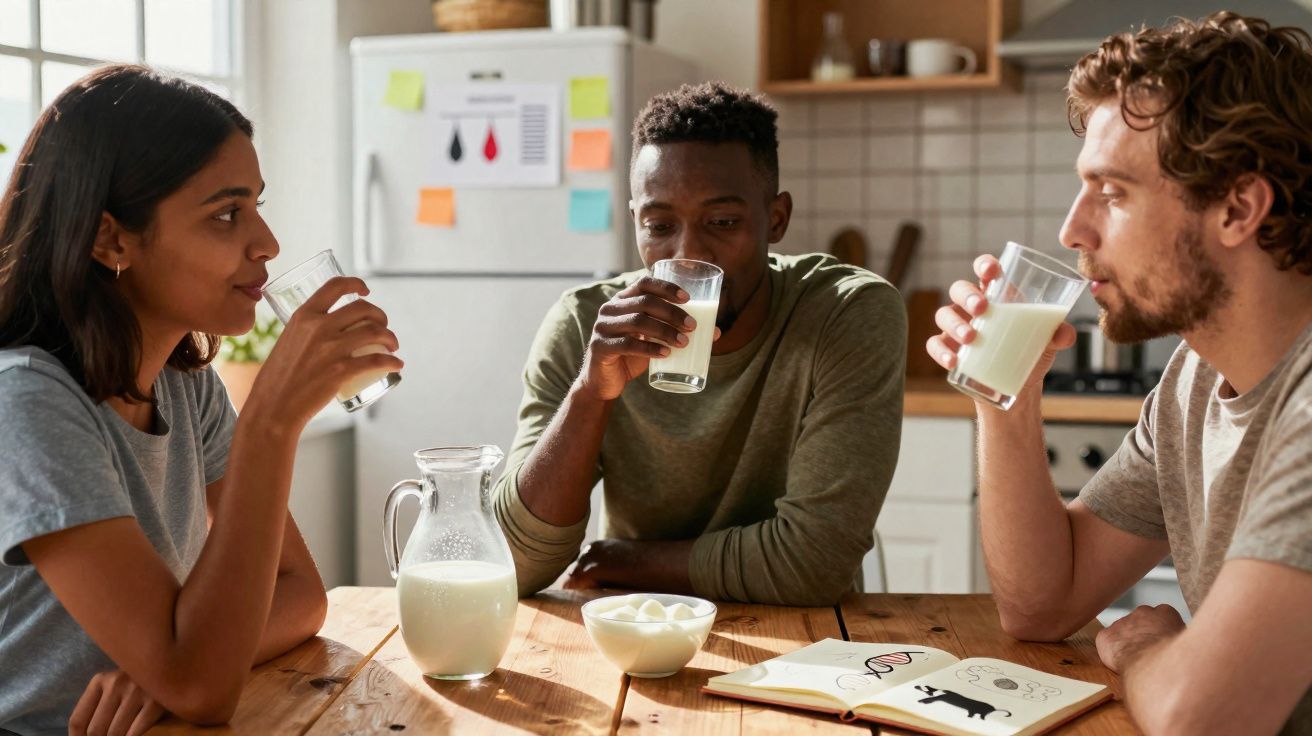 Três adultos sentados à mesa a beber leite, com jarra e caderno aberto à frente numa cozinha iluminada.
