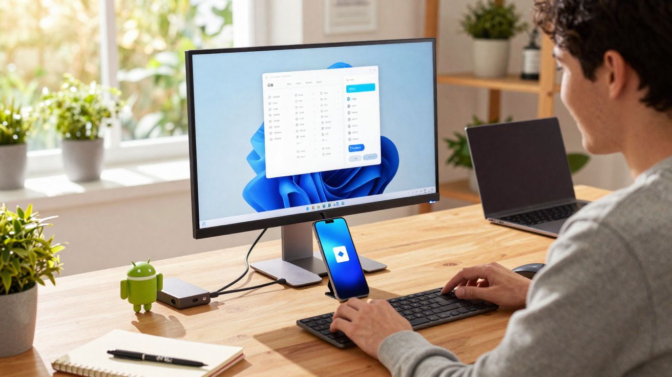 Pessoa a usar computador com monitor grande e smartphone num suporte numa secretária organizada com plantas e caderno.