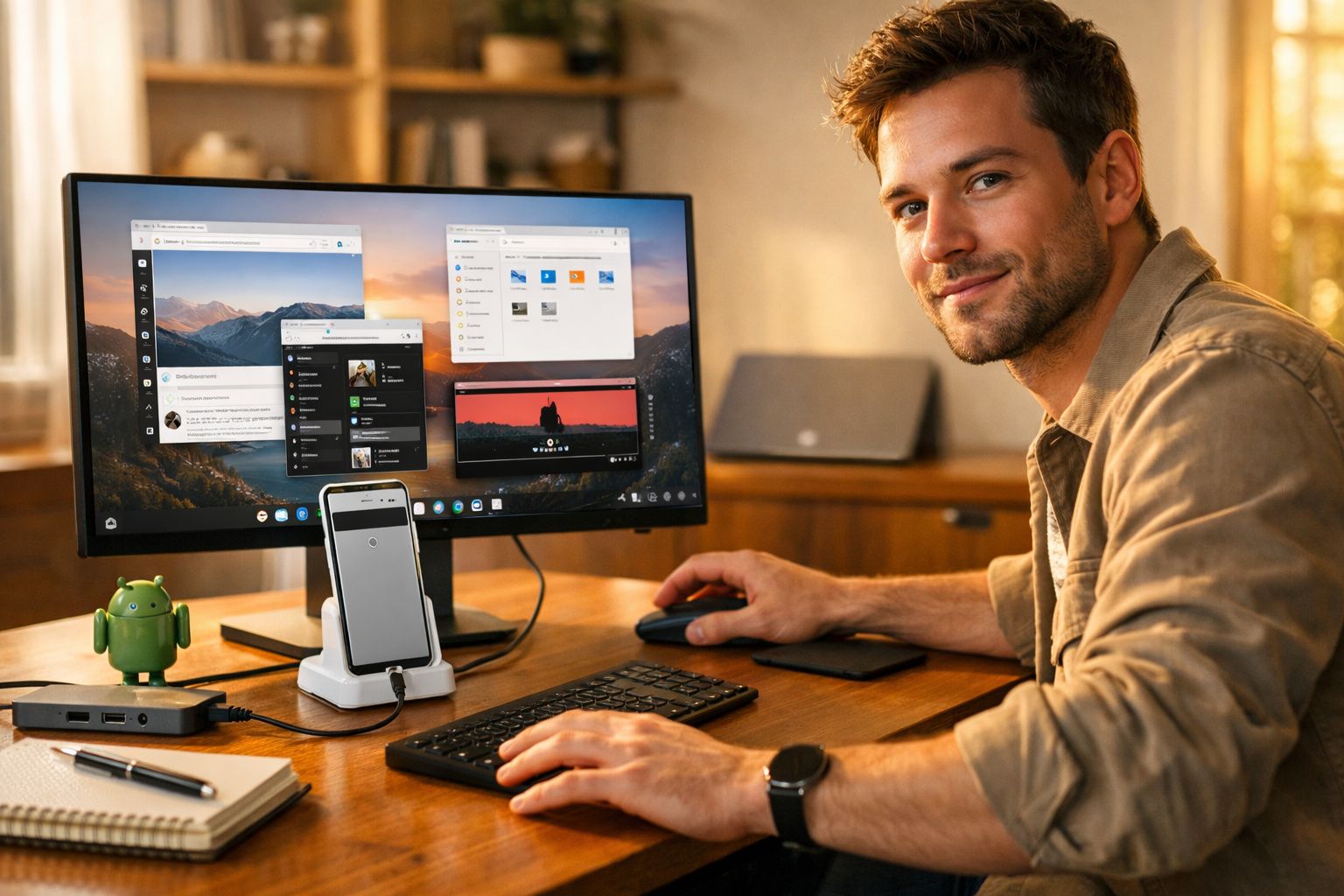 Homem a trabalhar num computador com monitor grande numa secretária de madeira, sorrindo para a câmera.