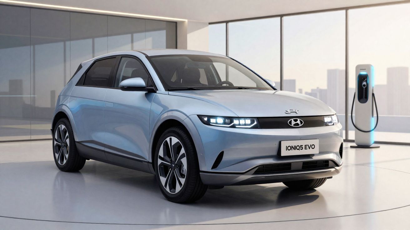 Carro elétrico Hyundai Ioniq 5 EVO cinzento estacionado em sala moderna com posto de carregamento.