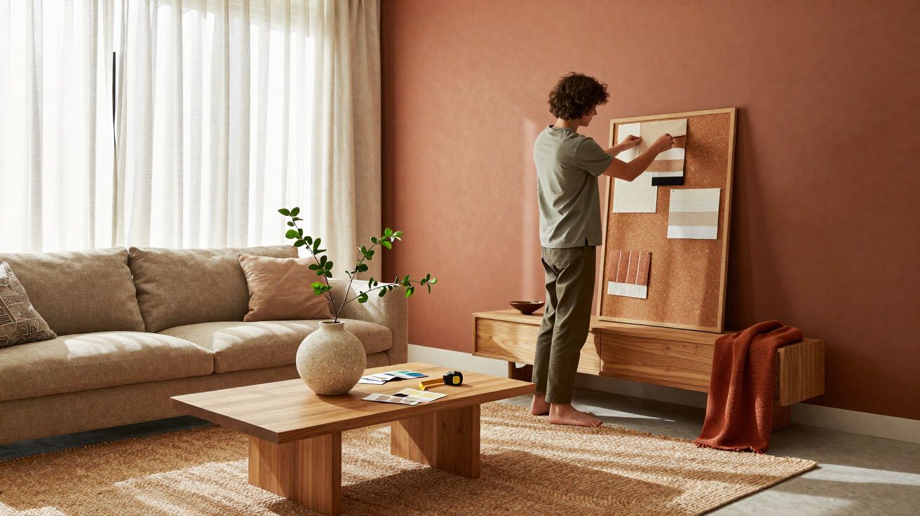 Homem em sala de estar moderna a organizar notas num quadro de cortiça junto à parede castanha.