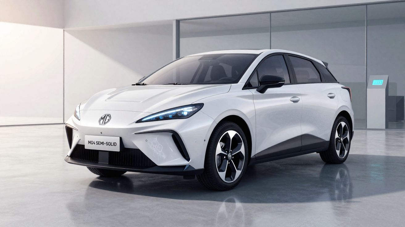 Carro elétrico branco MG4 Semi-Solid estacionado em espaço interior moderno com chão reflexivo.