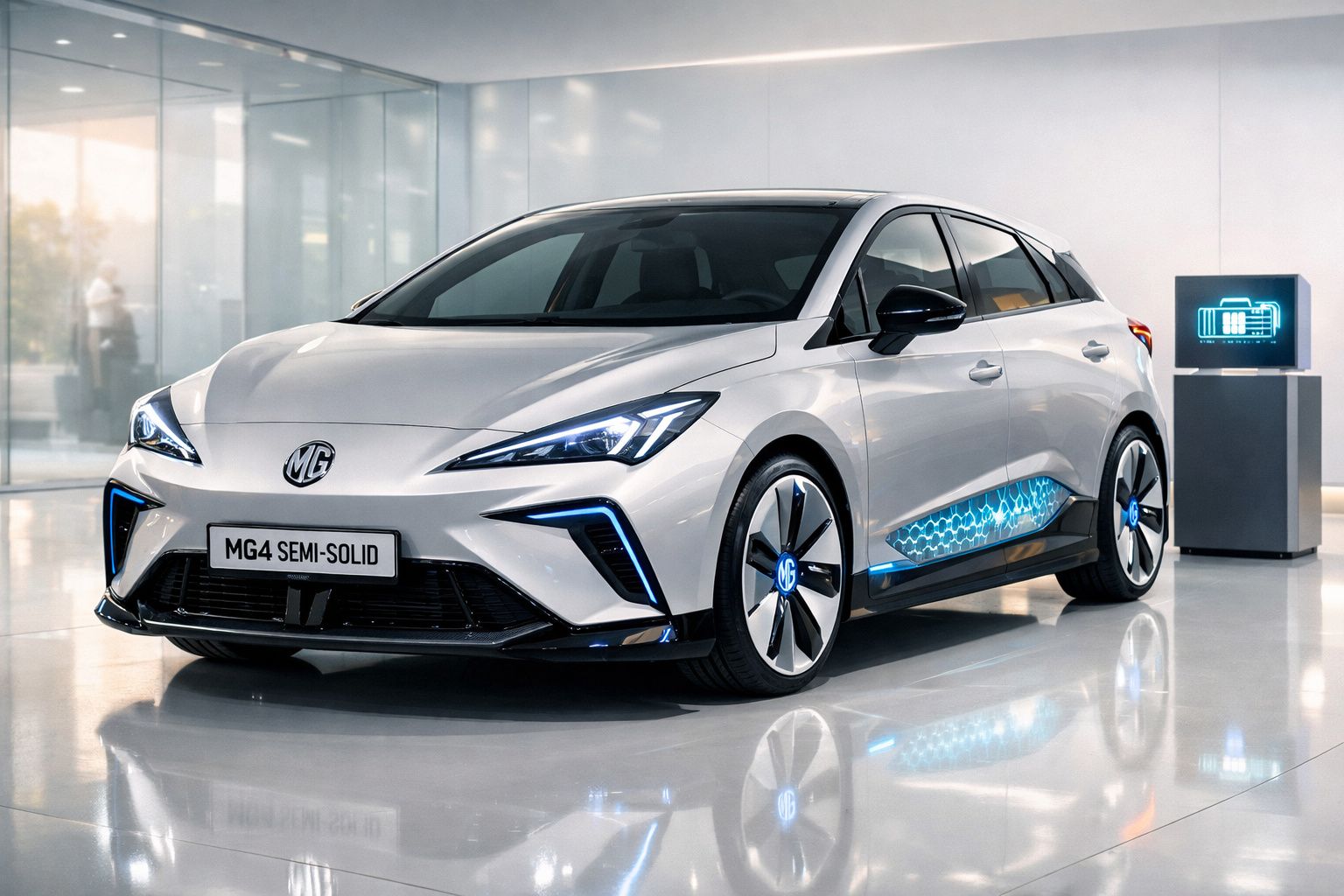 Carro elétrico MG semi-sólido branco estacionado em ambiente moderno e luminoso.