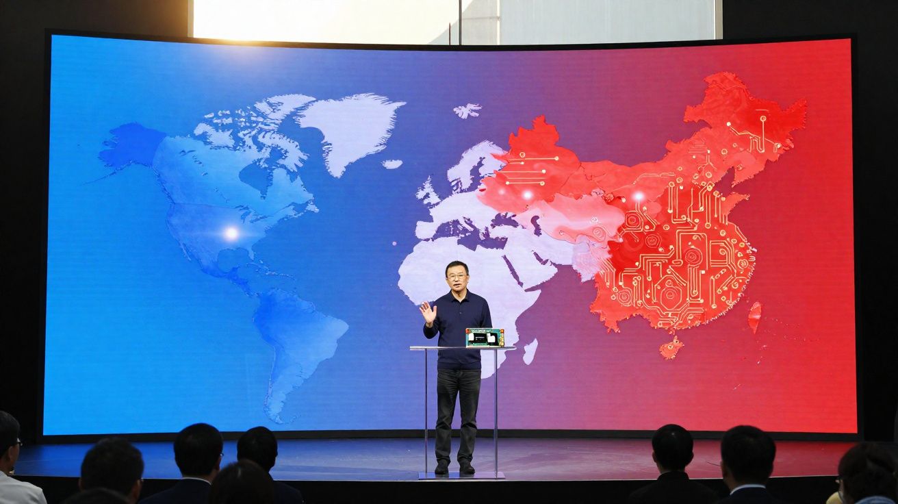 Homem a apresentar com mapa-múndi digital azul e vermelho ao fundo, num evento com público.