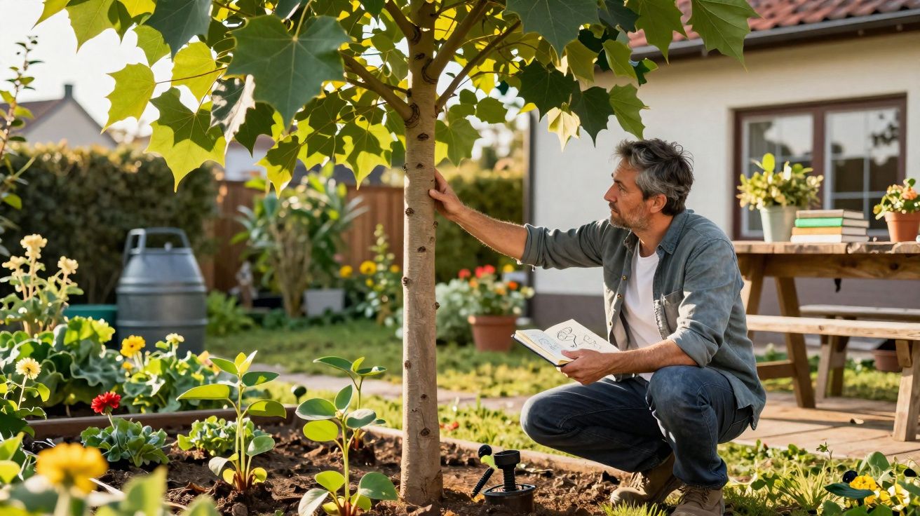 Homem a examinar a árvore no jardim de casa, rodeado por plantas e flores em dias ensolarados.