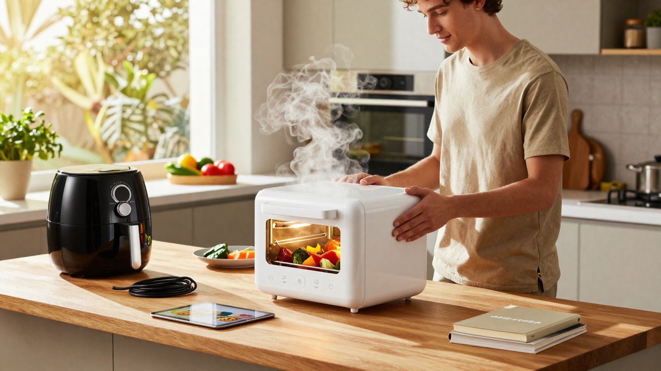 Jovem a abrir forno portátil com vapor a sair, cozinha moderna com fritadeira elétrica e legumes frescos.