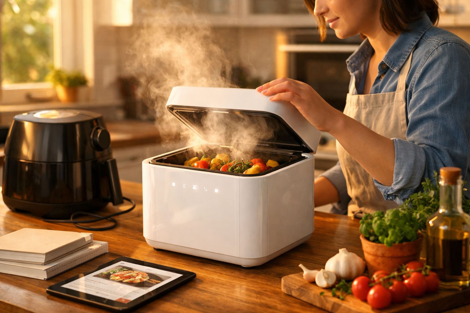 Pessoa a abrir um forno inteligente com legumes a cozinhar e vapor a sair numa cozinha acolhedora.
