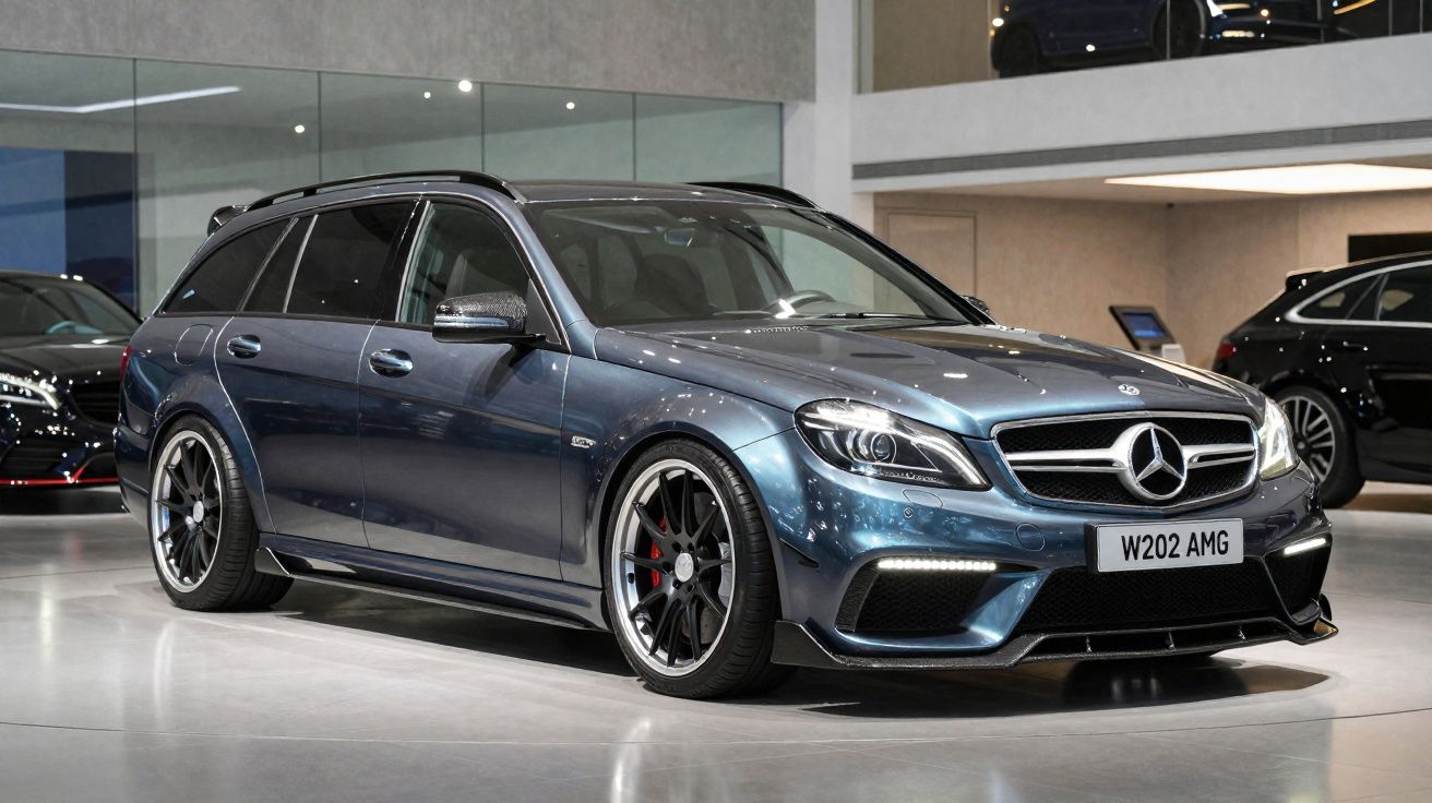 Carrinha Mercedes-Benz W202 AMG azul metálico em exposição numa sala moderna de automóveis.