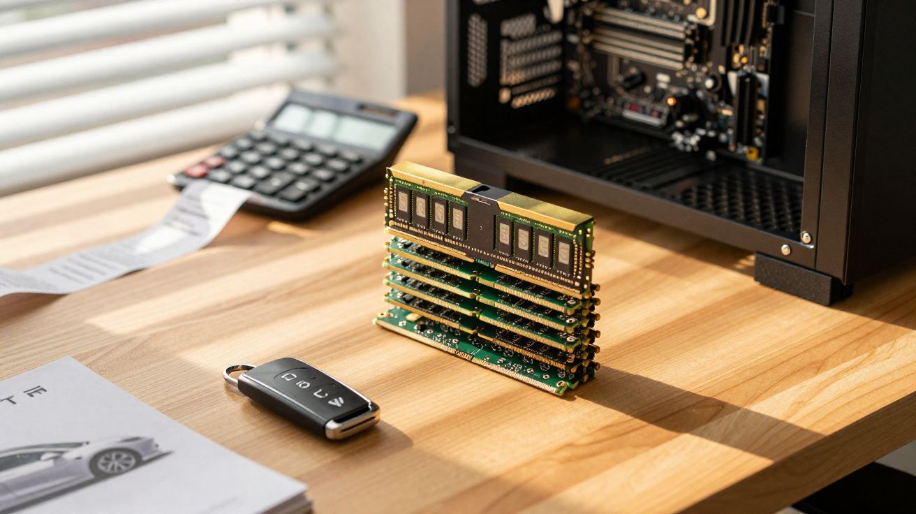 Módulos de memória RAM empilhados numa secretária de madeira com comando de carro, calculadora e torre de computador.