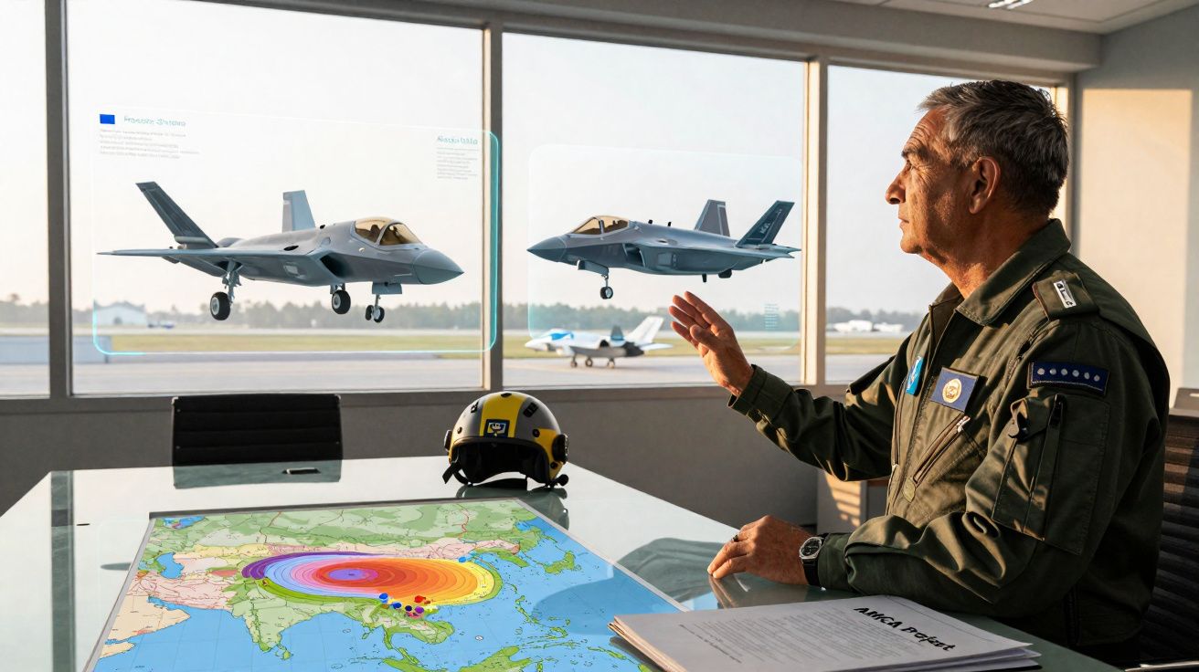 Piloto militar sentado junto a mesa com mapa e capacete, observando jatos de combate na janela.
