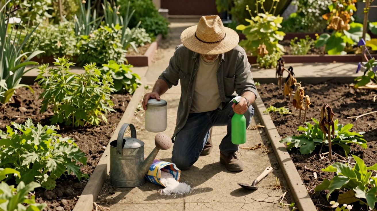 Homem com chapéu rega e aduba plantas num jardim com canteiros organizados.
