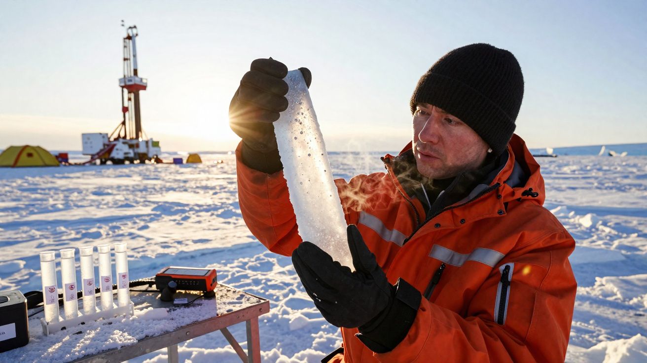 Homem em roupa térmica com gorro preto segura amostra de gelo derretido numa paisagem nevada com equipamento de pesquisa.
