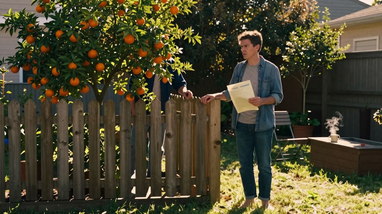 Homem com papel na mão conversa com pessoa atrás de cerca de madeira num jardim com laranjeira.
