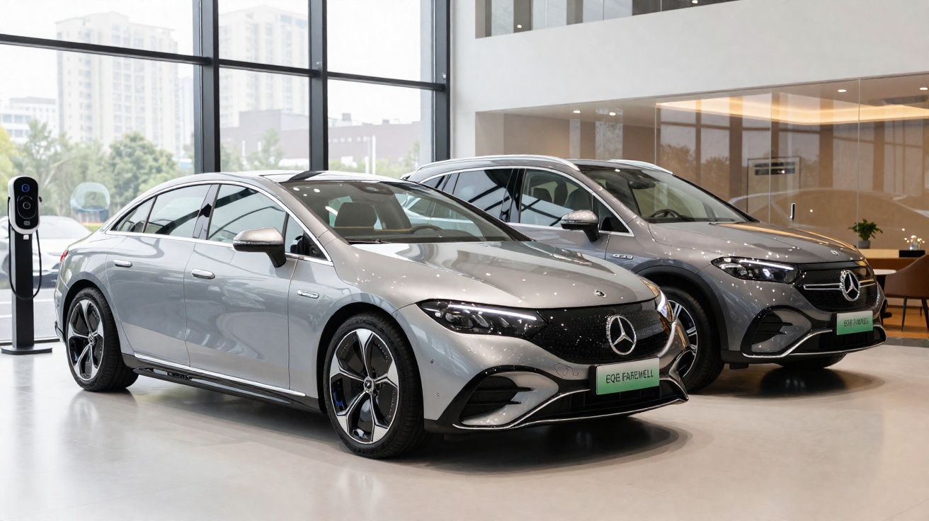 Dois carros elétricos Mercedes-Benz prata expostos numa sala com janelas grandes e carregador.