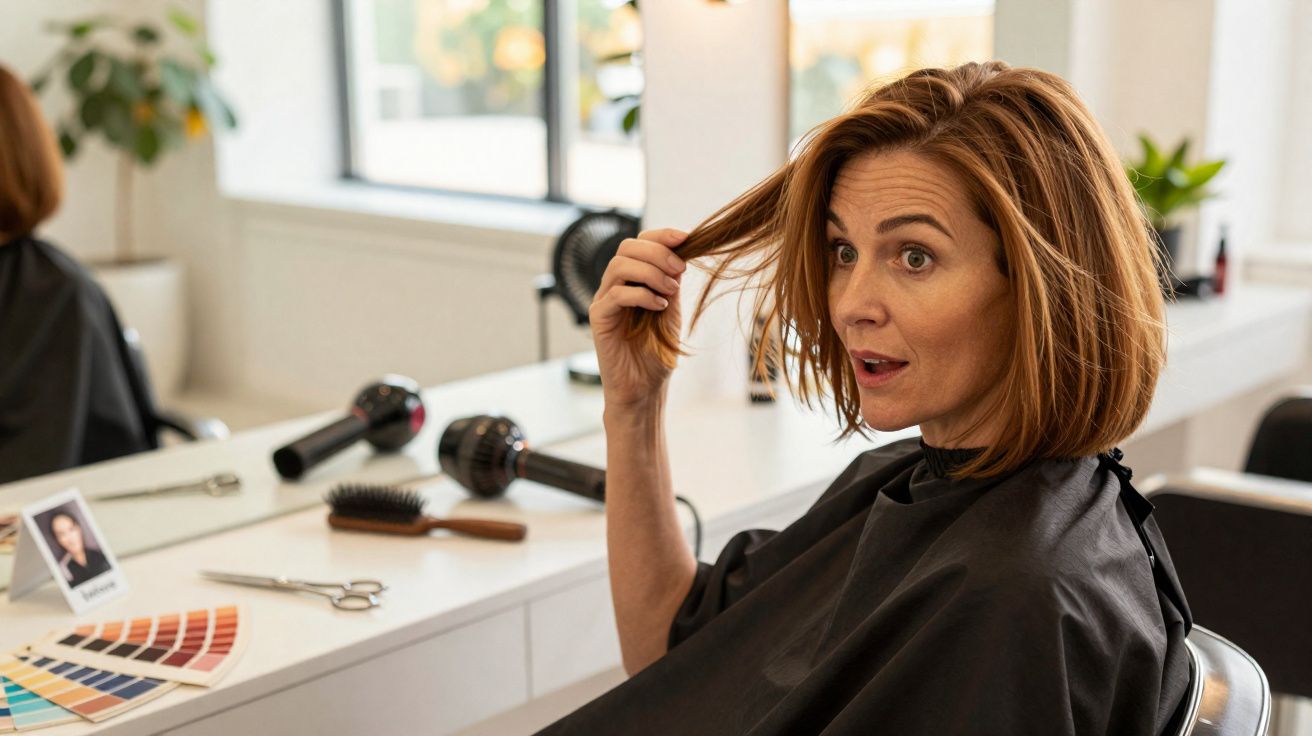 Mulher a olhar o cabelo num salão de cabeleireiro, sentada com capa preta e expressão de surpresa.