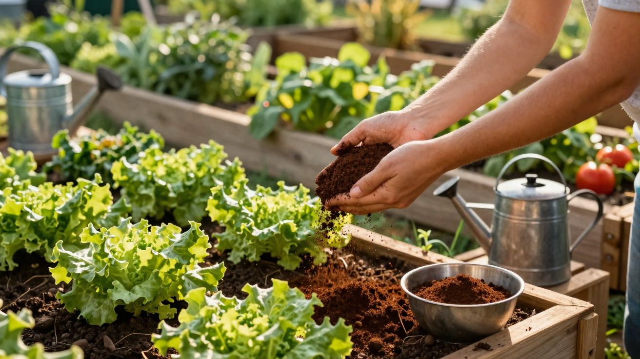 Mãos a mexer terra num canteiro com alfaces e uma rega metálica ao fundo num jardim.