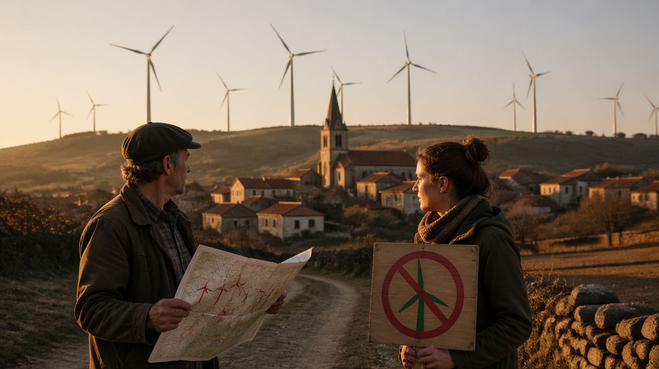 Duas pessoas numa aldeia com moinhos de vento no horizonte, uma segura um mapa e outra um cartaz contra turbinas.