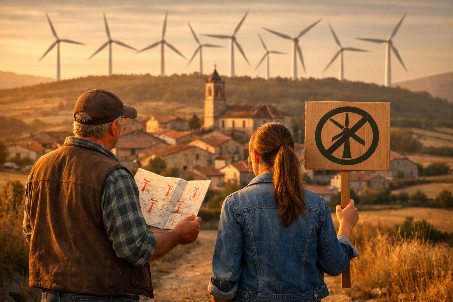 Duas pessoas observam um parque eólico junto a uma vila, uma segura mapa e a outra placa contra turbinas eólicas.