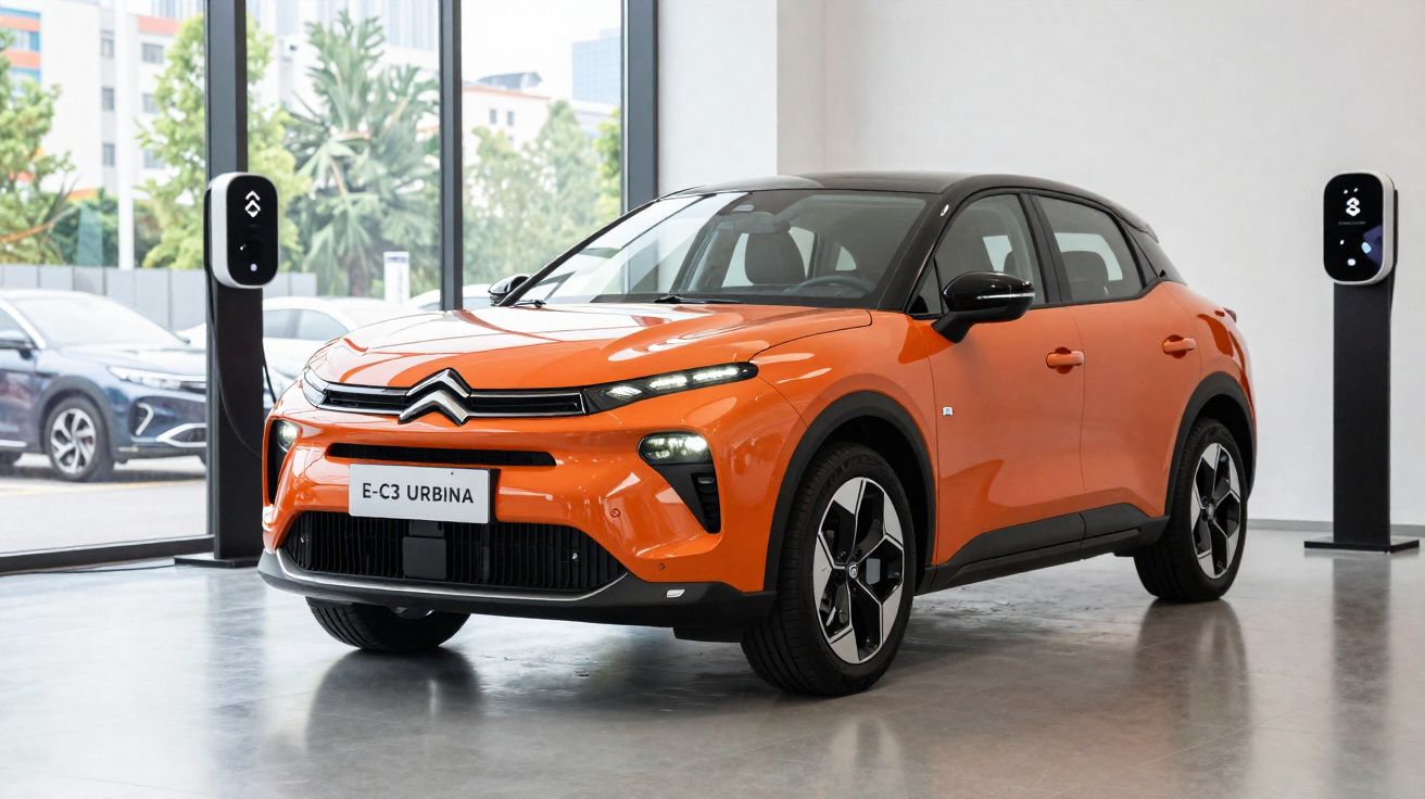 Carro elétrico Citroën E-C3 Urbina laranja estacionado em showroom com postos de carregamento ao lado.