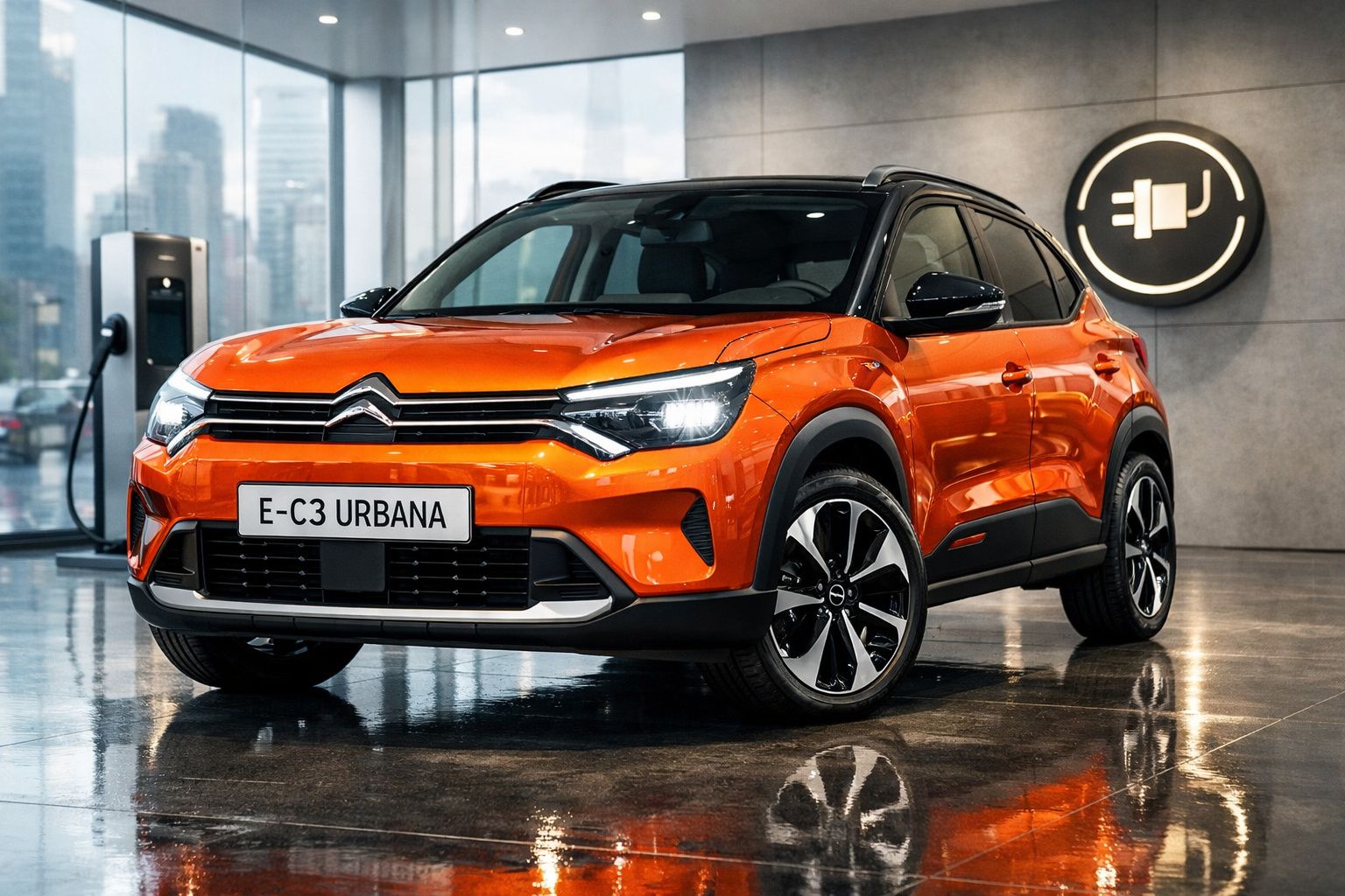Citroën E-C3 Urbana laranja estacionado numa garagem moderna junto a posto de carregamento elétrico.