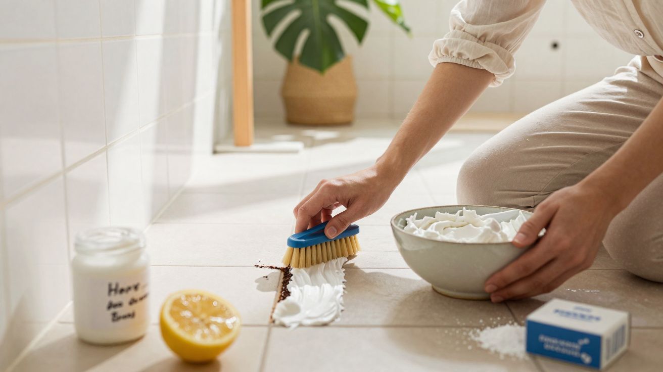 Pessoa a limpar nódoa com escova, creme e limão num chão com azulejos claros.