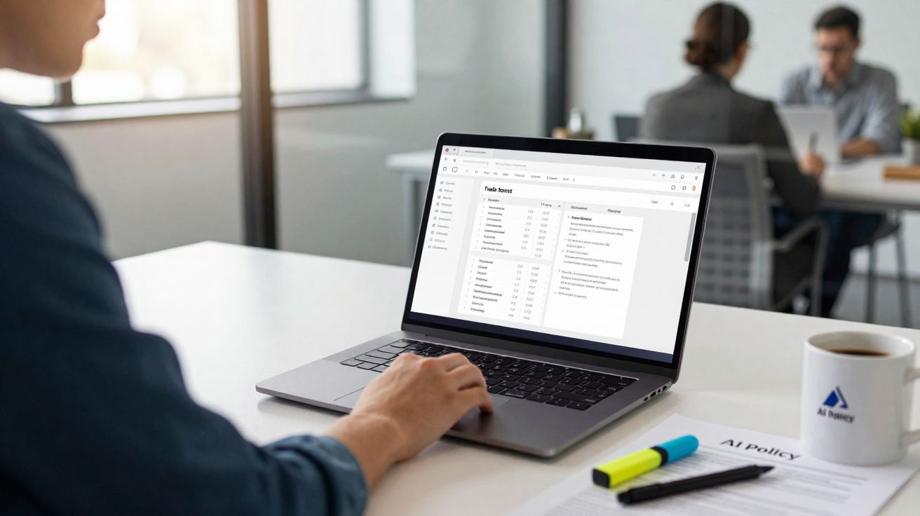 Pessoa a trabalhar num computador portátil com relatório visível, mesa com marcador e caneta, e duas pessoas em reunião ao fu