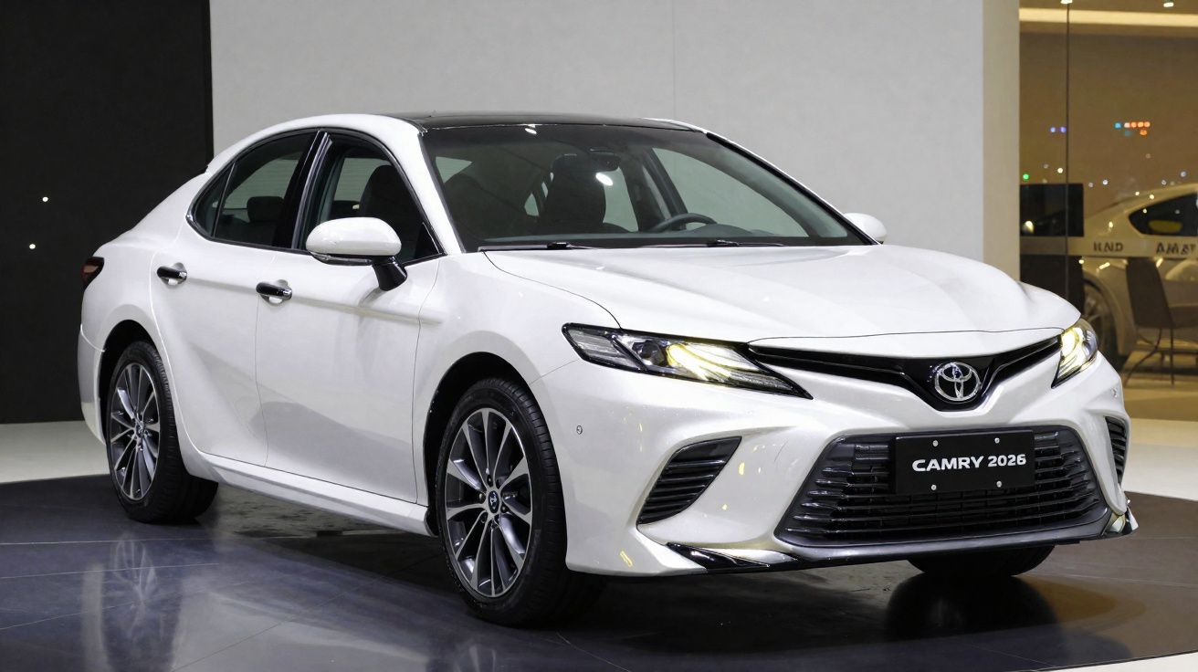 Carro Toyota Camry 2026 branco exibido numa exposição automóvel com luzes acesas.