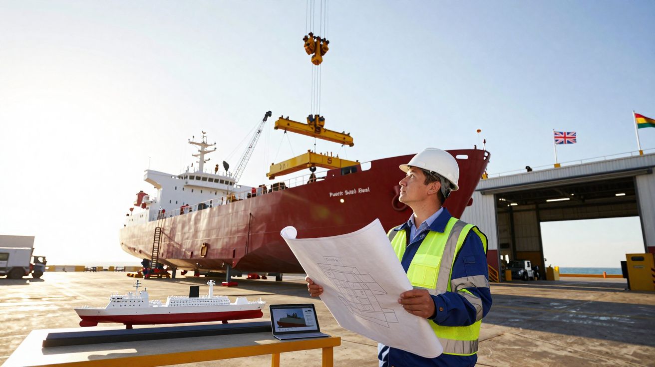 Engenheiro em colete e capacete com planta, supervisando carga de navio vermelho num porto ao entardecer.