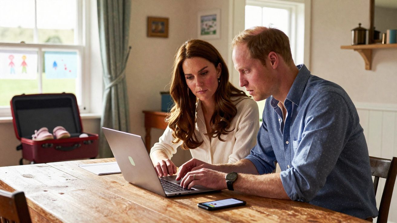 Homem e mulher sentados à mesa focados a usar um portátil numa cozinha iluminada.