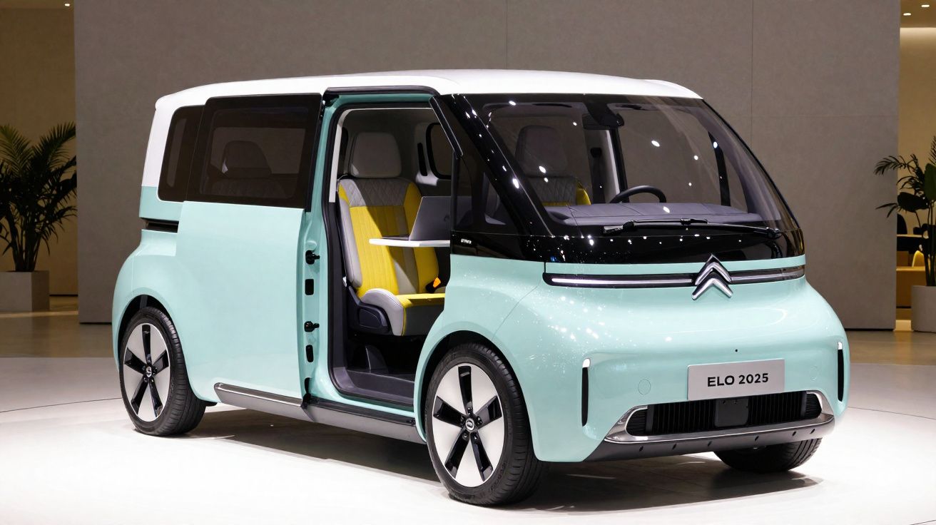 Veículo elétrico Citroën ELO 2025 com porta lateral aberta mostrando interior moderno amarelo e cinza.