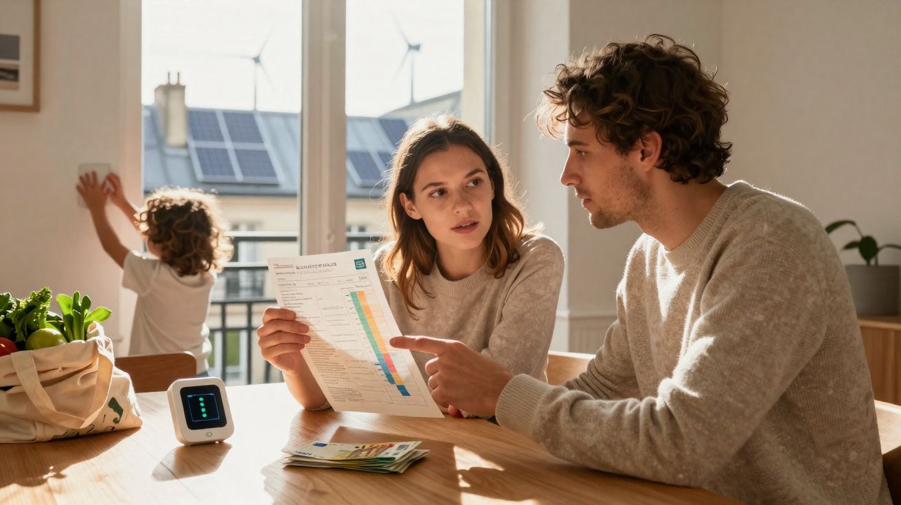 Casal analisa fatura de energia numa mesa, com criança e painéis solares ao fundo.