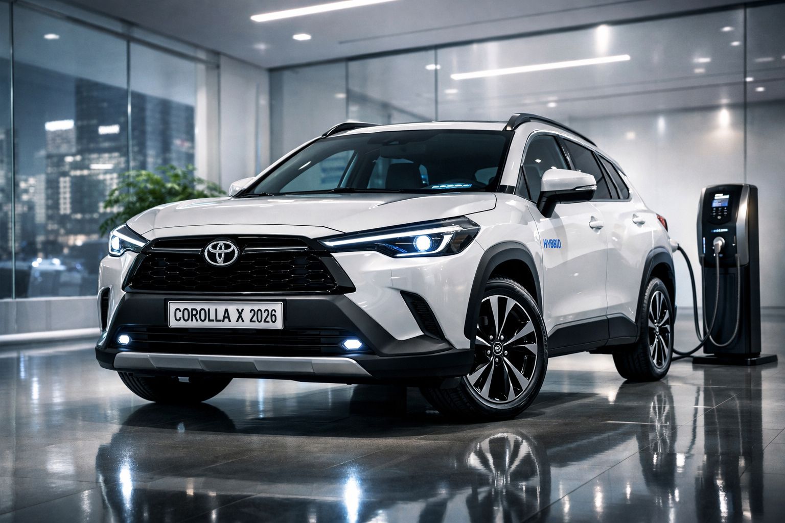 Carro Toyota Corolla X 2026 branco híbrido estacionado interior junto a posto de carregamento elétrico.