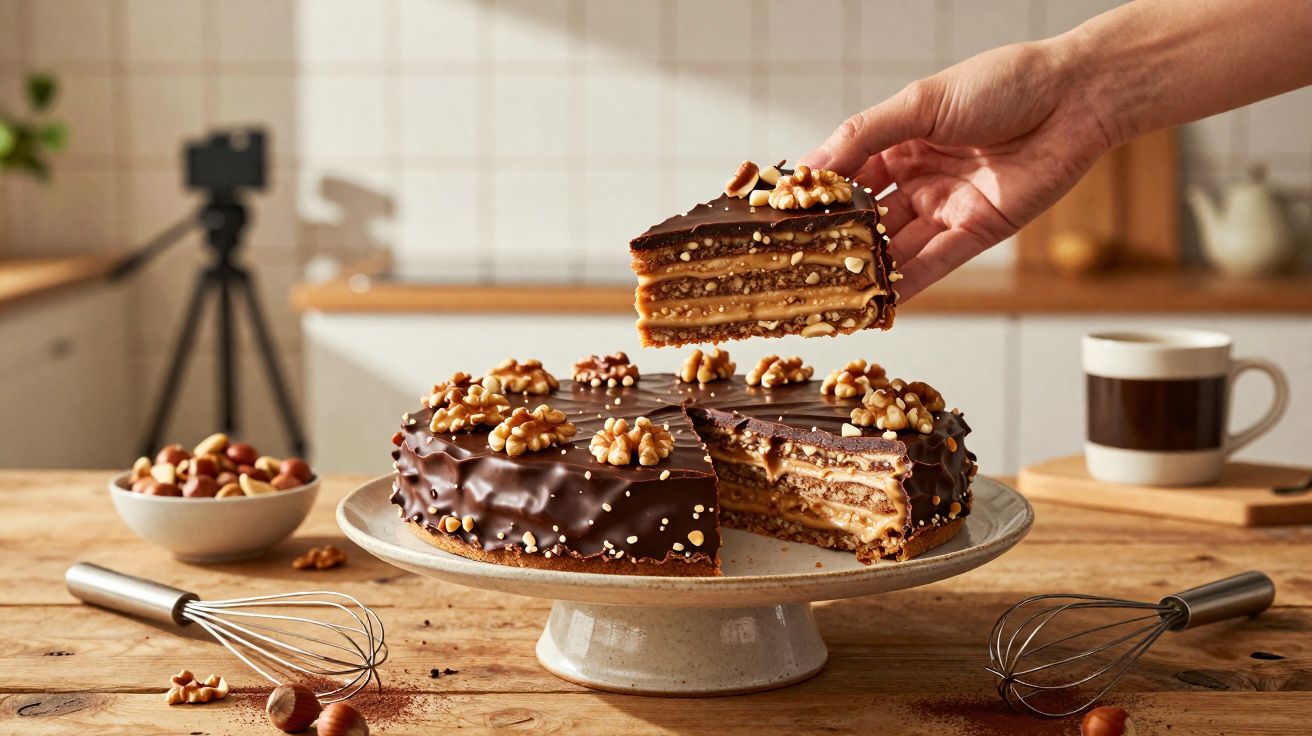 Fatia de bolo de camadas com chocolate e nozes a ser levantada de prato cerâmico numa mesa de madeira.