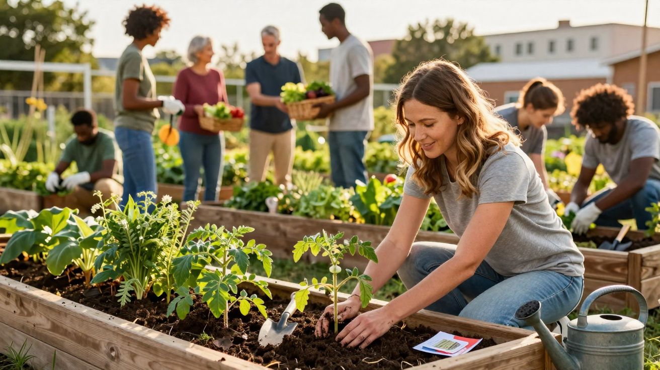 Grupo diversificado de pessoas a cultivar e colher plantas em canteiros elevados num jardim comunitário ao pôr do sol.