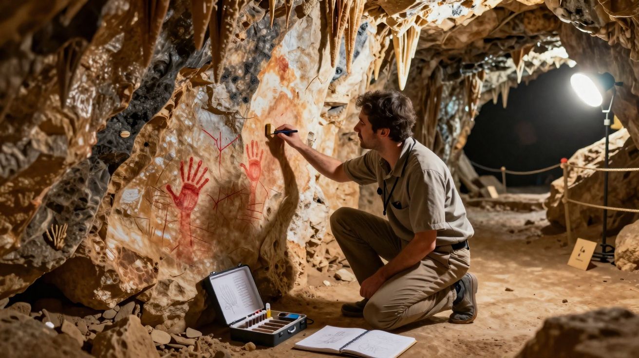 Homem a analisar pinturas rupestres de mãos vermelhas no interior de uma caverna iluminada artificialmente.