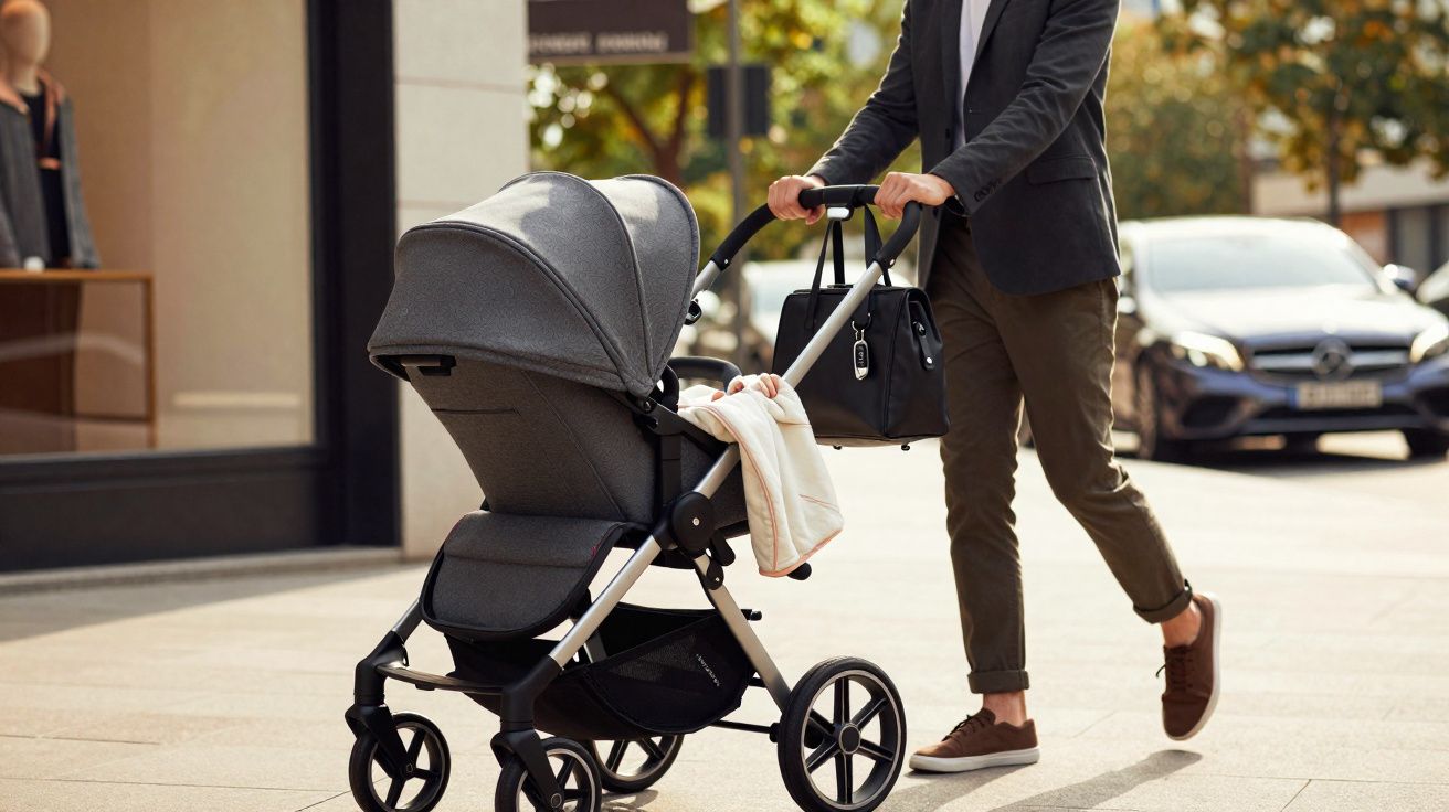Pessoa a empurrar carrinho de bebé cinzento na rua numa manhã ensolarada.