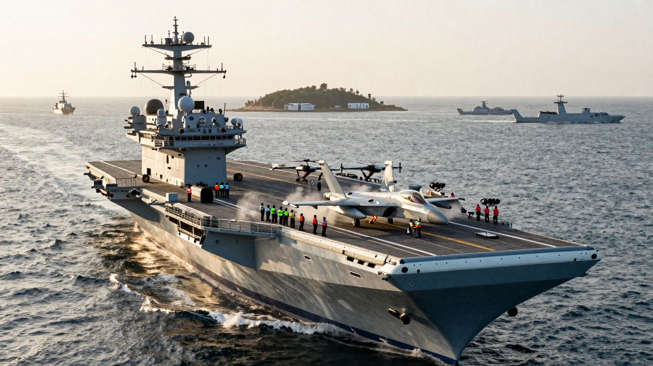 Porta-aviões com helicópteros e pessoal no convés navegando junto de pequenas ilhas e outros navios militares.