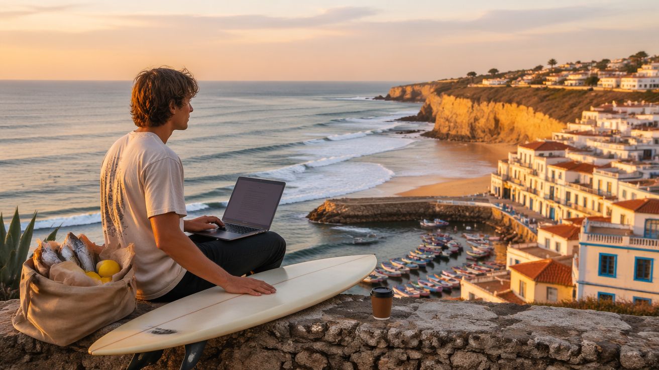 Jovem com prancha de surf usa portátil numa praia ao pôr do sol, com aldeia e mar ao fundo.
