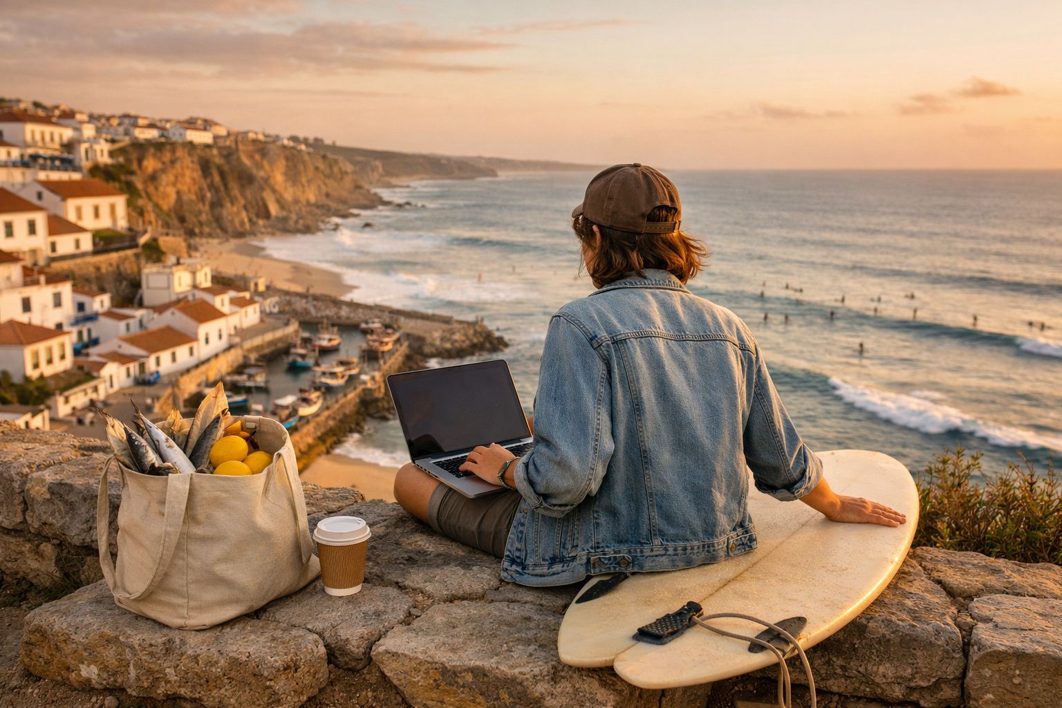 Pessoa sentada num penhasco com prancha de surf, a trabalhar num portátil com vista para o mar ao pôr do sol.
