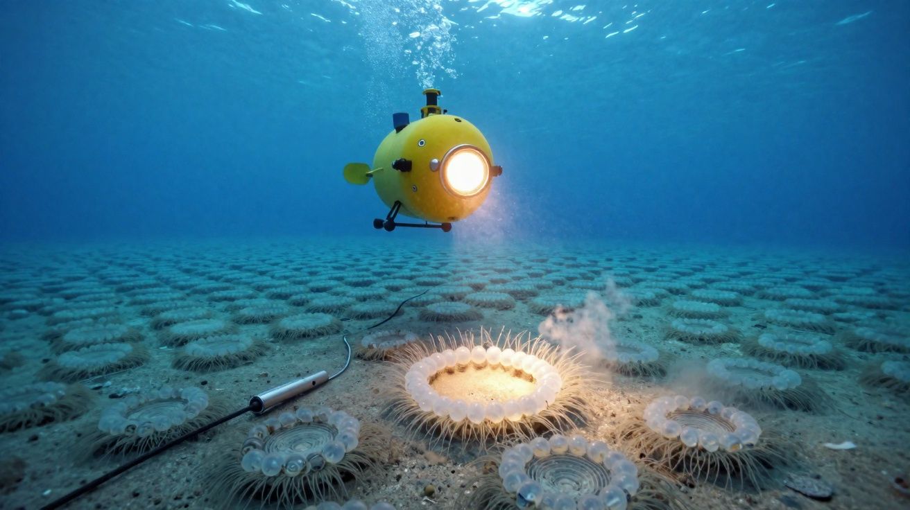 Submarino amarelo com luzes a explorar anémonas marinhas no fundo do oceano.