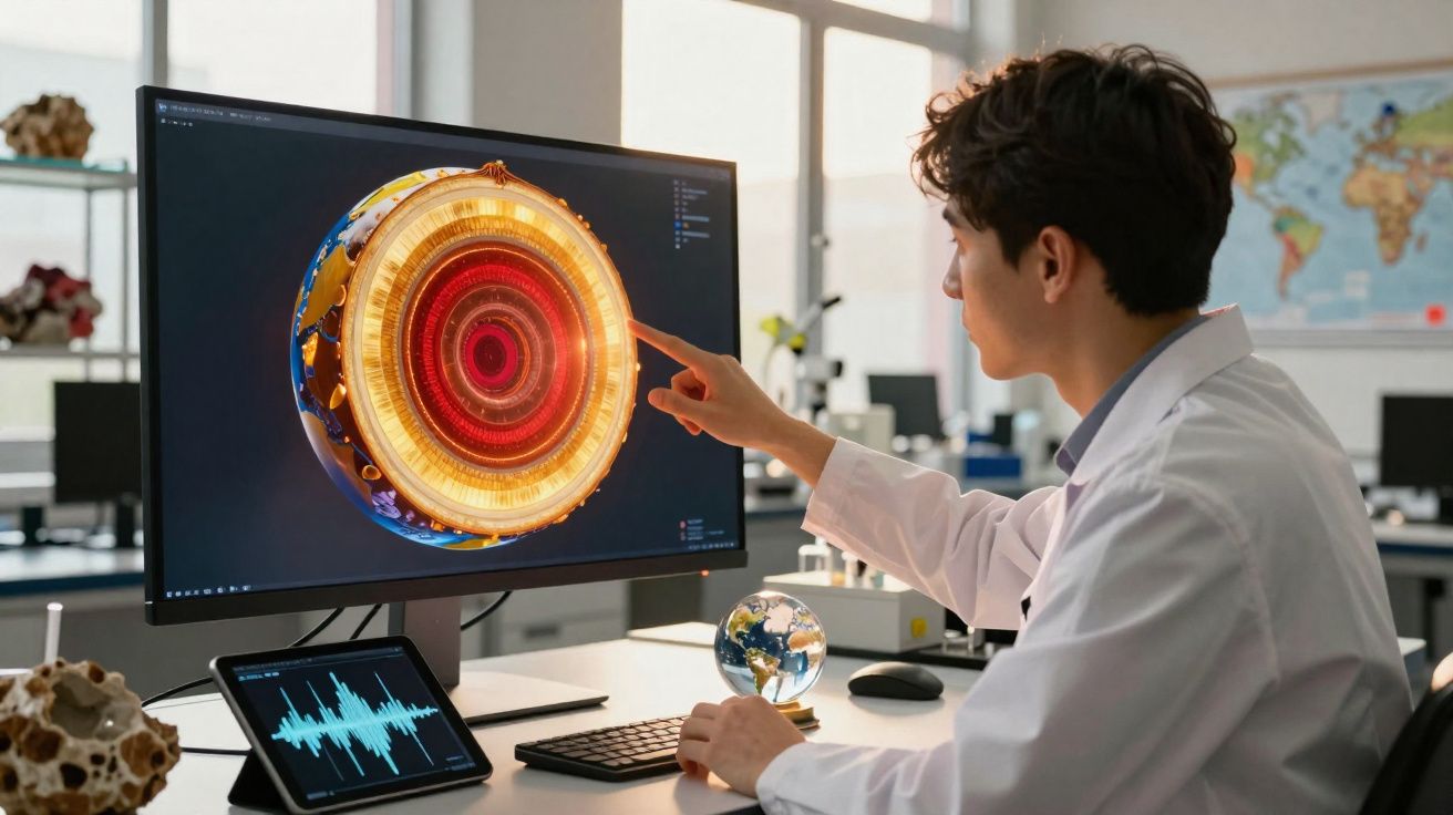 Cientista num laboratório analisa imagem digital detalhada da Terra em ecrã de computador.