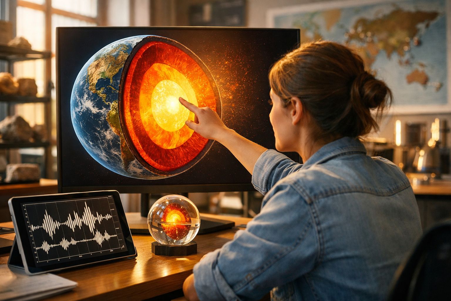 Mulher a apontar núcleo da Terra em monitor com gráficos e modelo geológico numa mesa de escritório.