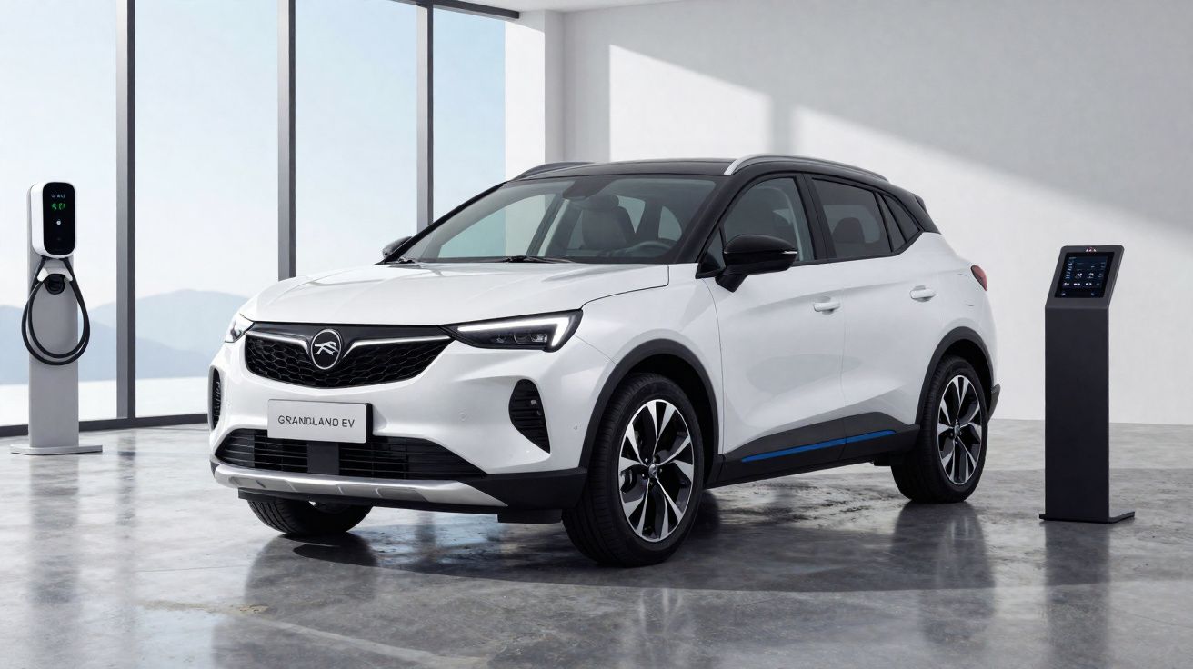 SUV elétrico branco estacionado numa garagem moderna com pontos de carregamento elétrico.