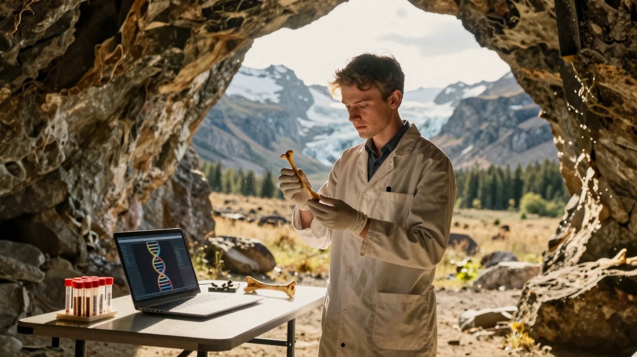 Cientista analisa osso numa caverna, com laptop e tubos de ensaio numa mesa, e montanhas ao fundo.