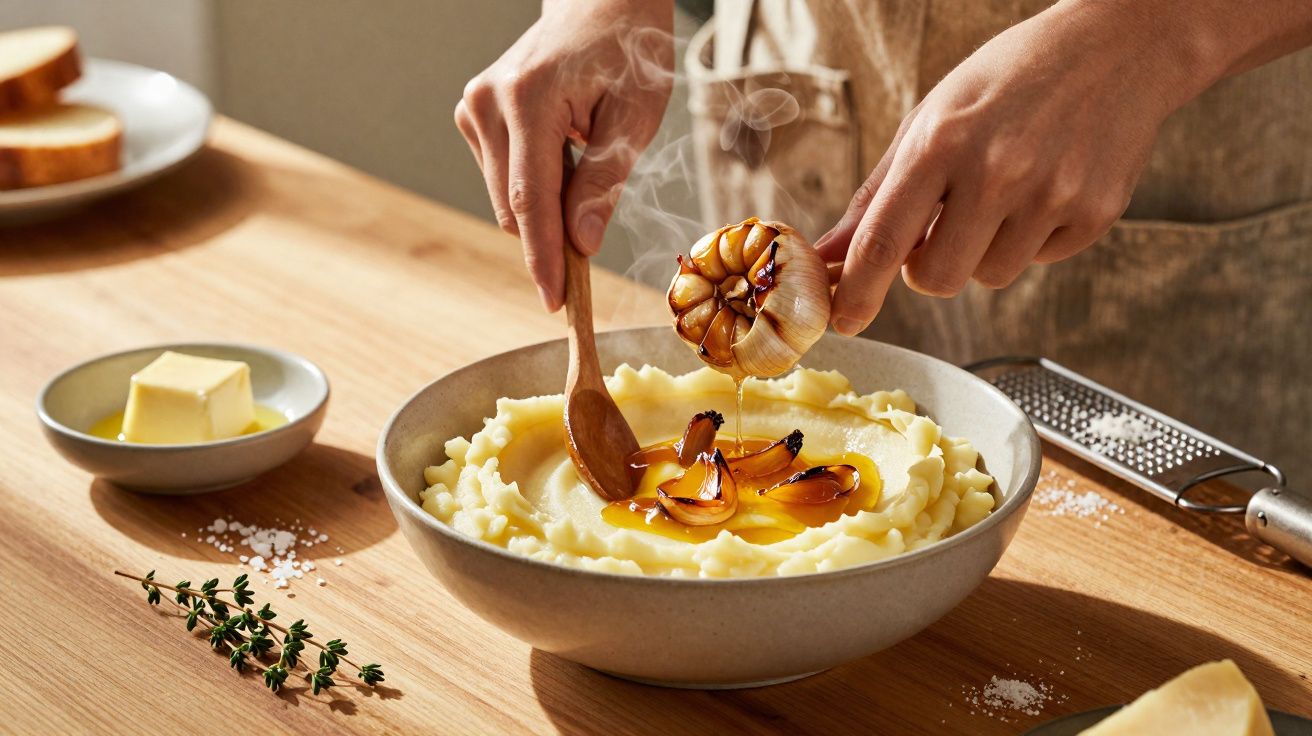 Mãos a colocar alho assado sobre puré cremoso numa taça, com manteiga, pão e ervas num balcão de cozinha.